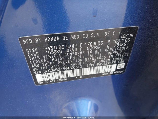 46162879 :رقم المزاد ، 3HGGK5G77HM700312 vin ، 2017 Honda Fit Ex مزاد بيع