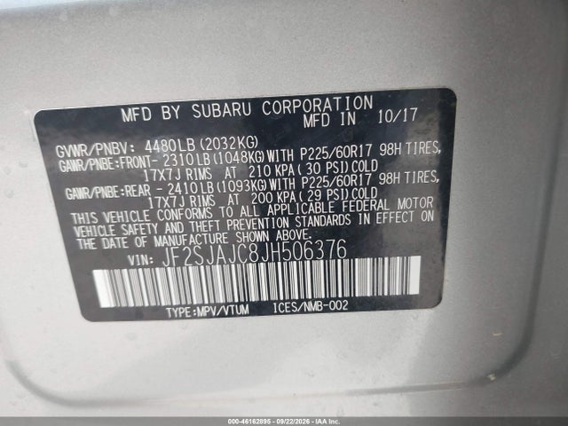 2018 Subaru Forester 2.5i Limited მანქანა იყიდება აუქციონზე, vin: JF2SJAJC8JH506376, აუქციონის ნომერი: 46162895