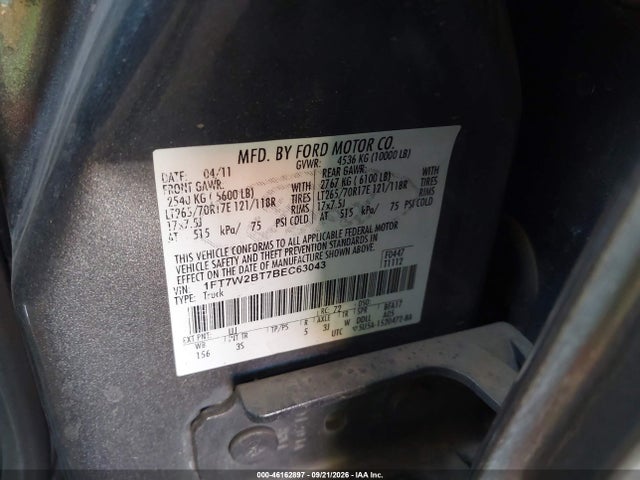 2011 Ford F-250 Xlt მანქანა იყიდება აუქციონზე, vin: 1FT7W2BT7BEC63043, აუქციონის ნომერი: 46162897