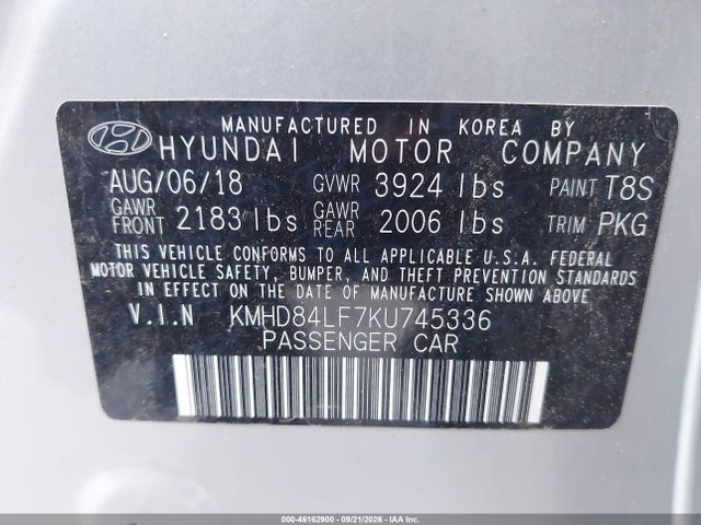 46162900 :رقم المزاد ، KMHD84LF7KU745336 vin ، 2019 Hyundai Elantra Sel مزاد بيع