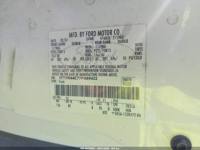 46162901 :رقم المزاد ، 1FTYR44E77PA69422 vin ، 2007 Ford Ranger Sport/stx/xlt مزاد بيع