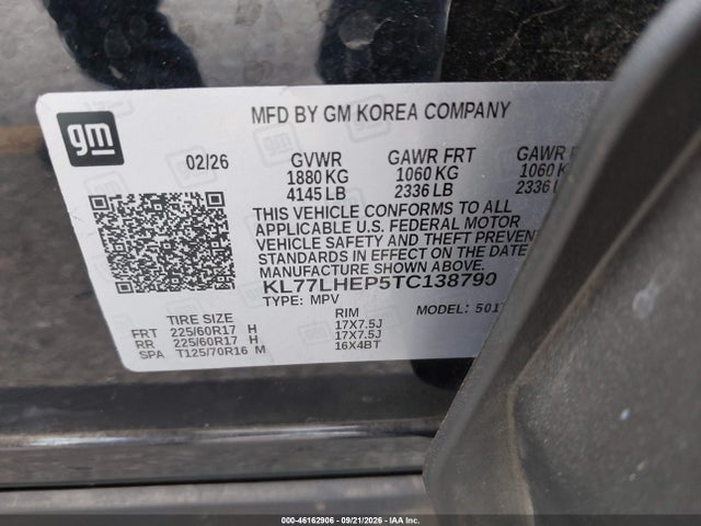 Aukcja sprzedaży 2026 Chevrolet Trax Fwd Lt, vin: KL77LHEP5TC138790, numer aukcji: 46162906