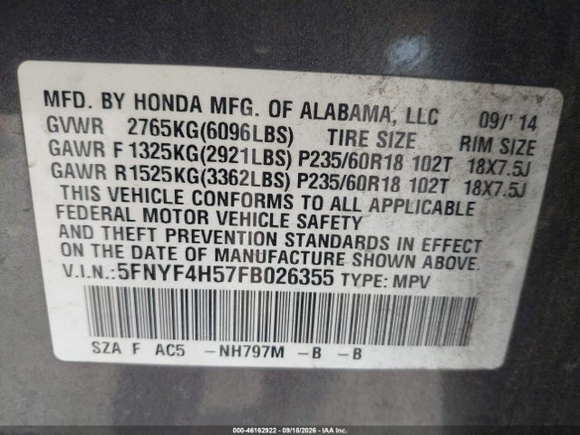 5FNYF4H57FB026355 Honda Pilot Ex-l