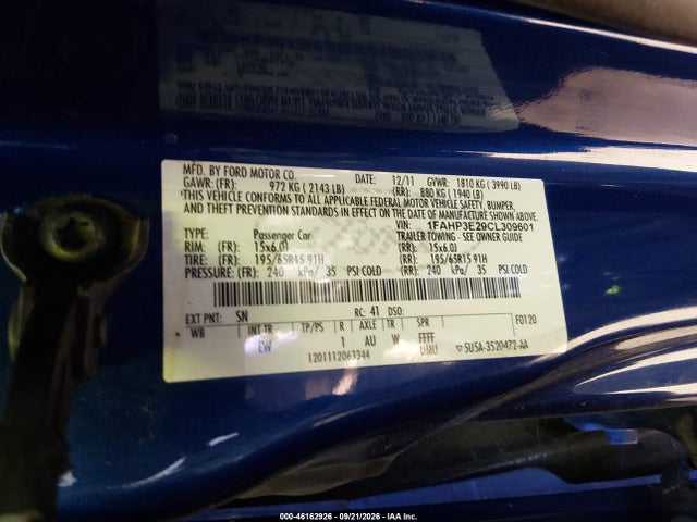 2012 Ford Focus S მანქანა იყიდება აუქციონზე, vin: 1FAHP3E29CL309601, აუქციონის ნომერი: 46162926
