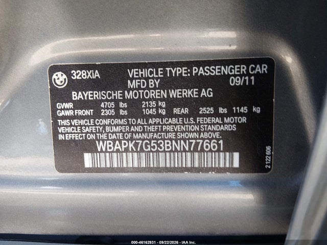 46162931 :رقم المزاد ، WBAPK7G53BNN77661 vin ، 2011 Bmw 328i Xdrive مزاد بيع