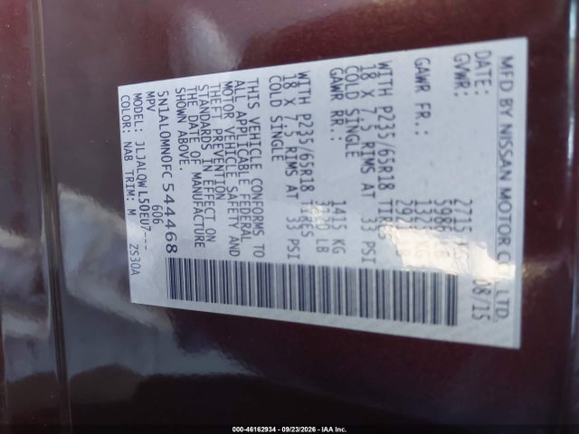 46162934 :رقم المزاد ، 5N1AL0MN0FC544468 vin ، 2015 Infiniti Qx60 مزاد بيع
