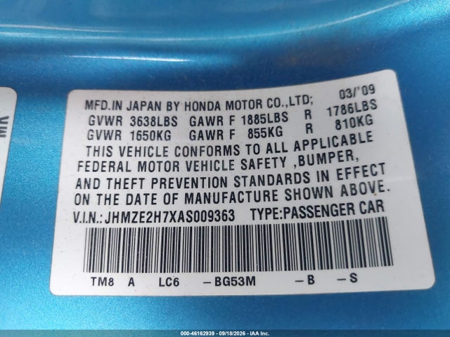 Aukcja sprzedaży 2010 Honda Insight Ex, vin: JHMZE2H7XAS009363, numer aukcji: 46162939