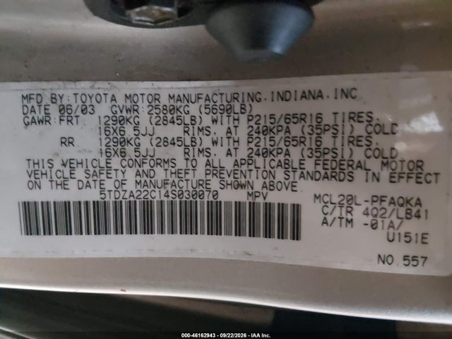 Продажа на аукционе авто 2004 Toyota Sienna Xle, vin: 5TDZA22C14S030070, номер лота: 46162943