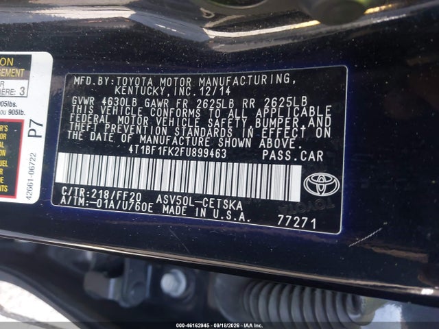 46162945 :رقم المزاد ، 4T1BF1FK2FU899463 vin ، 2015 Toyota Camry Se مزاد بيع