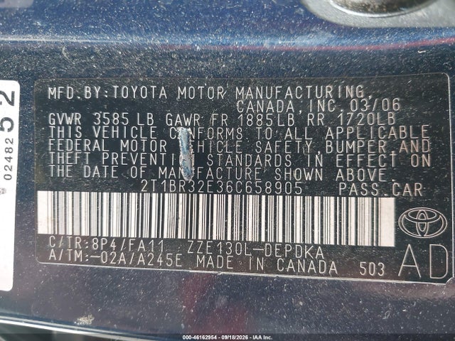 46162954 :رقم المزاد ، 2T1BR32E36C658905 vin ، 2006 Toyota Corolla Ce مزاد بيع