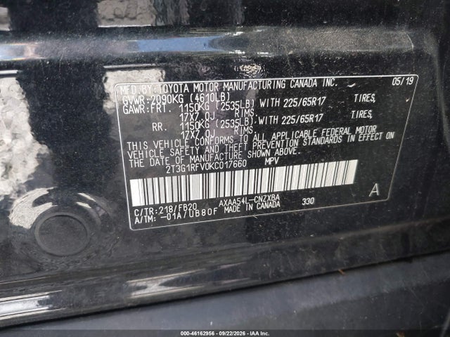 46162956 :رقم المزاد ، 2T3G1RFV0KC017660 vin ، 2019 Toyota Rav4 Le مزاد بيع
