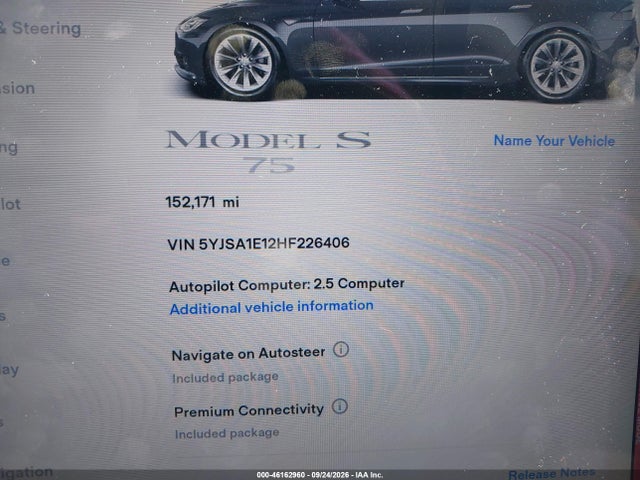 46162960 :رقم المزاد ، 5YJSA1E12HF226406 vin ، 2017 Tesla Model S 60/75 مزاد بيع