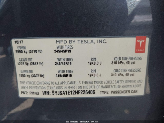 46162960 :رقم المزاد ، 5YJSA1E12HF226406 vin ، 2017 Tesla Model S 60/75 مزاد بيع