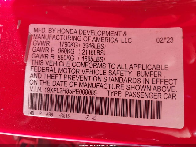 46162976 :رقم المزاد ، 19XFL2H85PE008085 vin ، 2023 Honda Civic Sport مزاد بيع