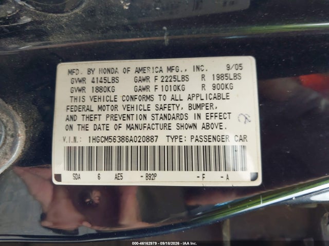 Aukcja sprzedaży 2006 Honda Accord 2.4 Se, vin: 1HGCM56386A020887, numer aukcji: 46162979