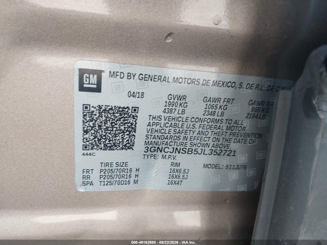 Aukcja sprzedaży 2018 Chevrolet Trax Ls, vin: 3GNCJNSB5JL352721, numer aukcji: 46162988