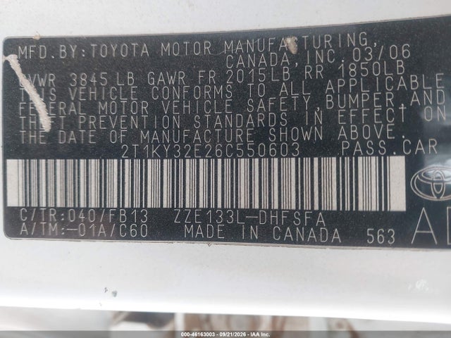 2006 Toyota Matrix Xrs მანქანა იყიდება აუქციონზე, vin: 2T1KY32E26C550603, აუქციონის ნომერი: 46163003