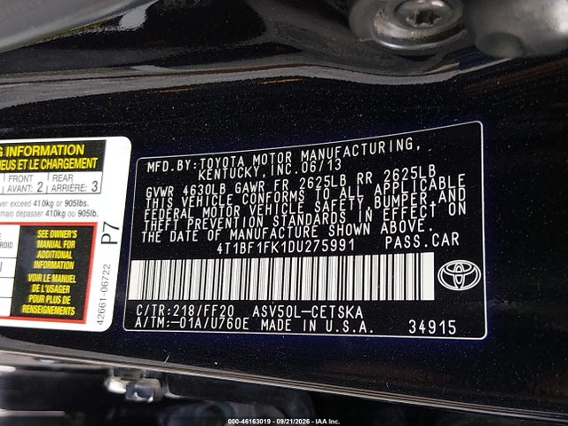 Aukcja sprzedaży 2013 Toyota Camry Se, vin: 4T1BF1FK1DU275991, numer aukcji: 46163019