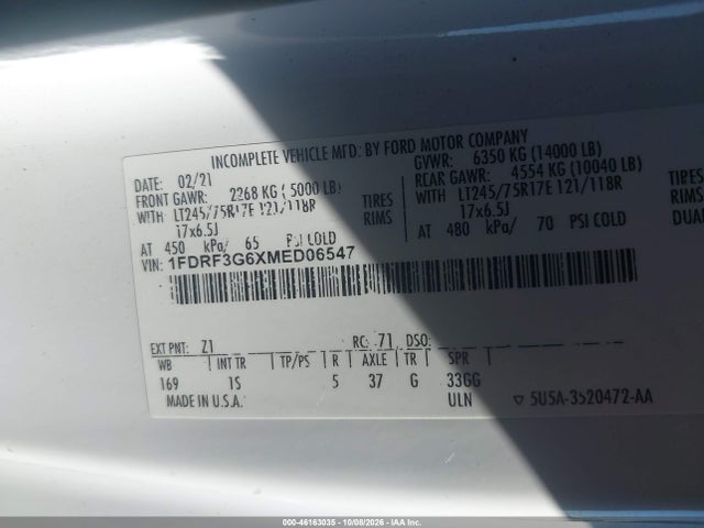 2021 Ford F-350 Chassis Xl მანქანა იყიდება აუქციონზე, vin: 1FDRF3G6XMED06547, აუქციონის ნომერი: 46163035