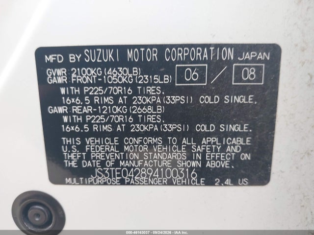 Продаж на аукціоні авто 2009 Suzuki Grand Vitara, vin: JS3TE042894100316, номер лоту: 46163037