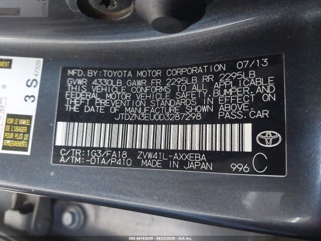 46163049 :رقم المزاد ، JTDZN3EU0D3287298 vin ، 2013 Toyota Prius V Three مزاد بيع