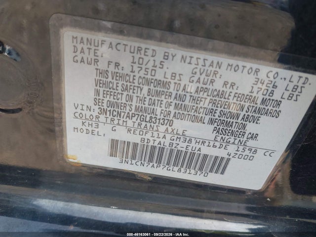 Продаж на аукціоні авто 2016 Nissan Versa 1.6 S/1.6 S+/1.6 Sl/1.6 Sv, vin: 3N1CN7AP7GL831370, номер лоту: 46163061