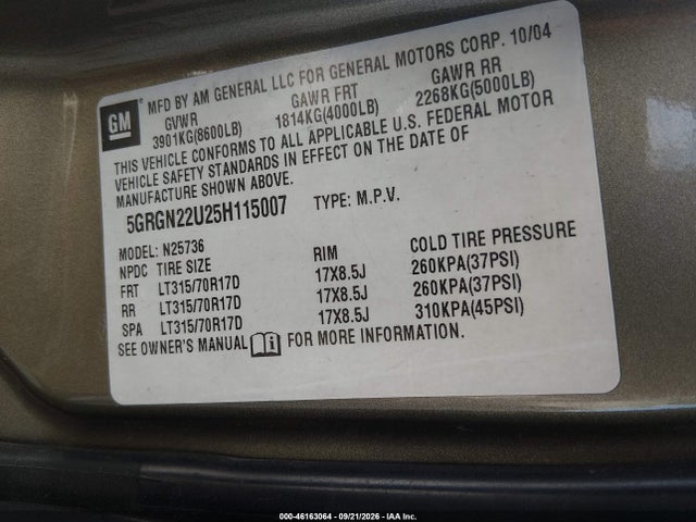 2005 Hummer H2 Sut მანქანა იყიდება აუქციონზე, vin: 5GRGN22U25H115007, აუქციონის ნომერი: 46163064