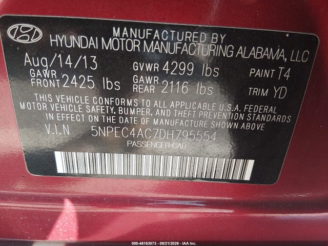 Aukcja sprzedaży 2013 Hyundai Sonata Limited, vin: 5NPEC4AC7DH795554, numer aukcji: 46163073