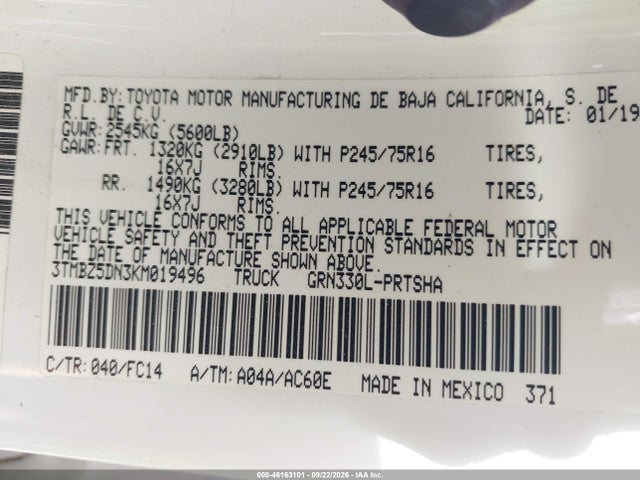 Продажа на аукционе авто 2019 Toyota Tacoma Sr5, vin: 3TMBZ5DN3KM019496, номер лота: 46163101