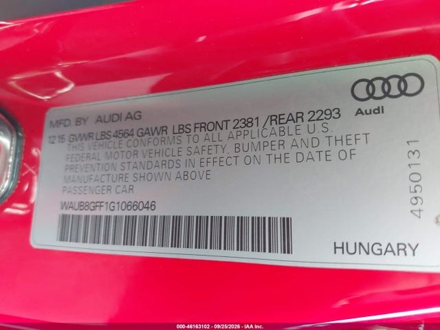 Продажа на аукционе авто 2016 Audi A3 2.0t Premium, vin: WAUB8GFF1G1066046, номер лота: 46163102