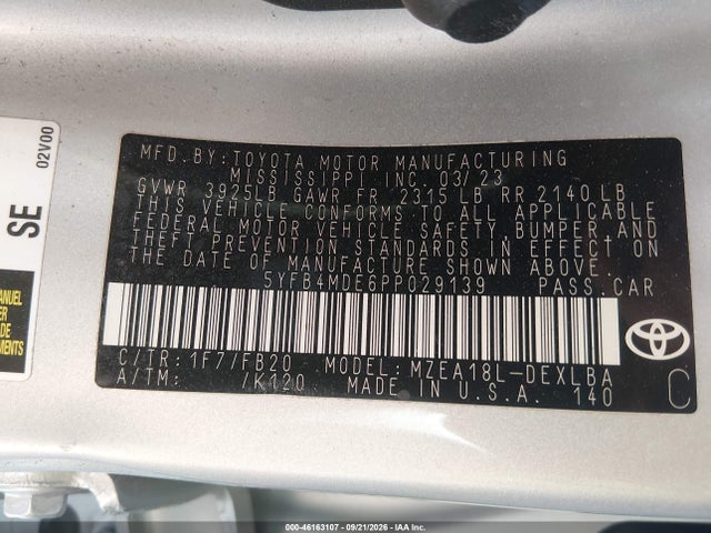 46163107 :رقم المزاد ، 5YFB4MDE6PP029139 vin ، 2023 Toyota Corolla Le مزاد بيع