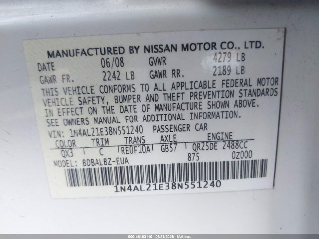Aukcja sprzedaży 2008 Nissan Altima 2.5 S, vin: 1N4AL21E38N551240, numer aukcji: 46163110