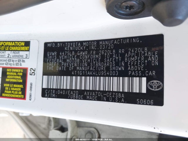 2020 Toyota Camry Se მანქანა იყიდება აუქციონზე, vin: 4T1G11AK4LU954003, აუქციონის ნომერი: 46163111