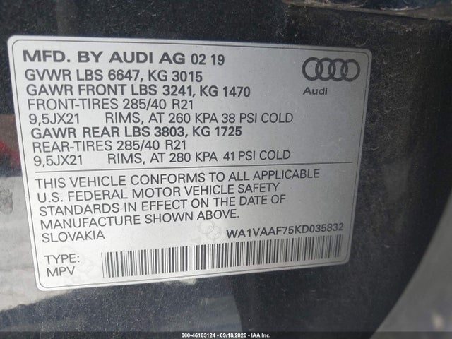 46163124 :رقم المزاد ، WA1VAAF75KD035832 vin ، 2019 Audi Q7 55 Premium مزاد بيع