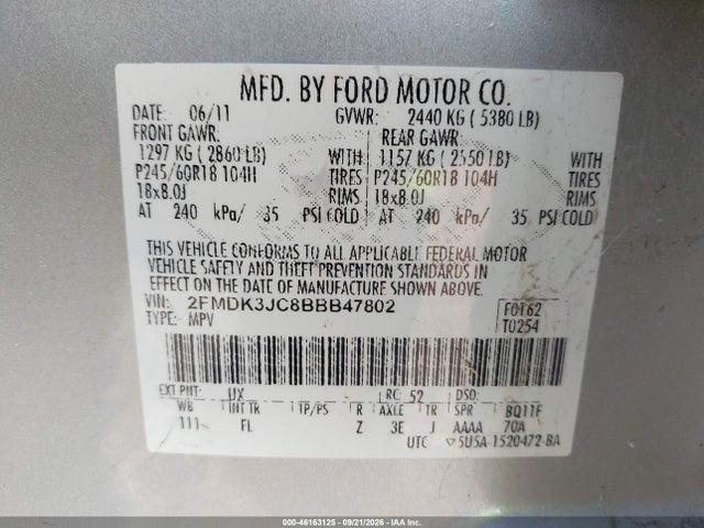 2011 Ford Edge Sel მანქანა იყიდება აუქციონზე, vin: 2FMDK3JC8BBB47802, აუქციონის ნომერი: 46163125