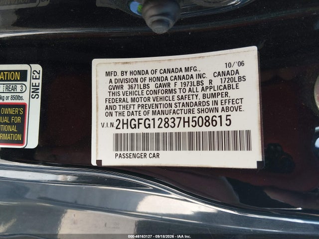 2007 Honda Civic Ex მანქანა იყიდება აუქციონზე, vin: 2HGFG12837H508615, აუქციონის ნომერი: 46163127