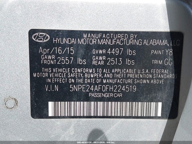 Aukcja sprzedaży 2015 Hyundai Sonata Se, vin: 5NPE24AF0FH224519, numer aukcji: 46163128