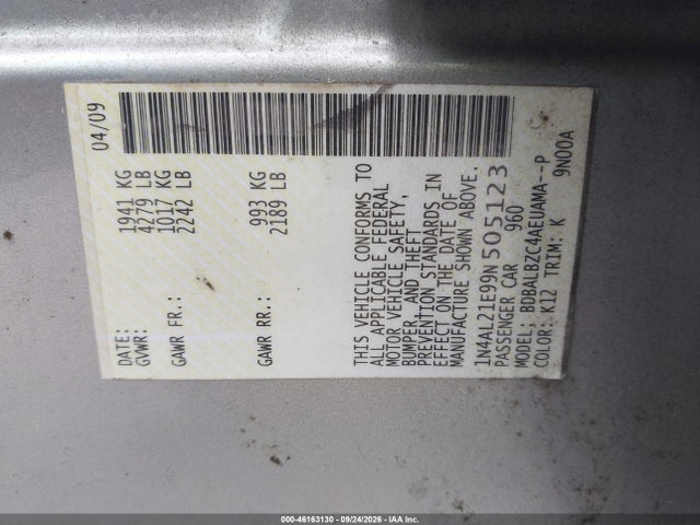 46163130 :رقم المزاد ، 1N4AL21E99N505123 vin ، 2009 Nissan Altima 2.5 S مزاد بيع
