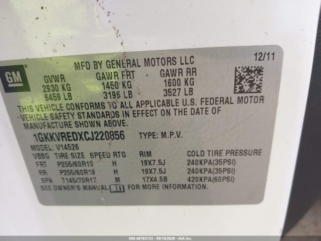 Продажа на аукционе авто 2012 Gmc Acadia Slt-1, vin: 1GKKVREDXCJ220856, номер лота: 46163133