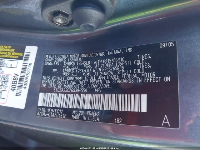 2006 Toyota Sienna Le მანქანა იყიდება აუქციონზე, vin: 5TDZA23C76S394558, აუქციონის ნომერი: 46163137