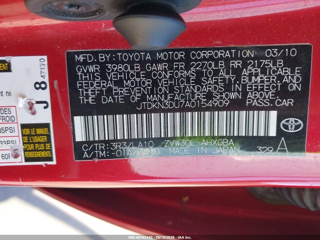 Aukcja sprzedaży 2010 Toyota Prius Iv, vin: JTDKN3DU7A0154909, numer aukcji: 46163142