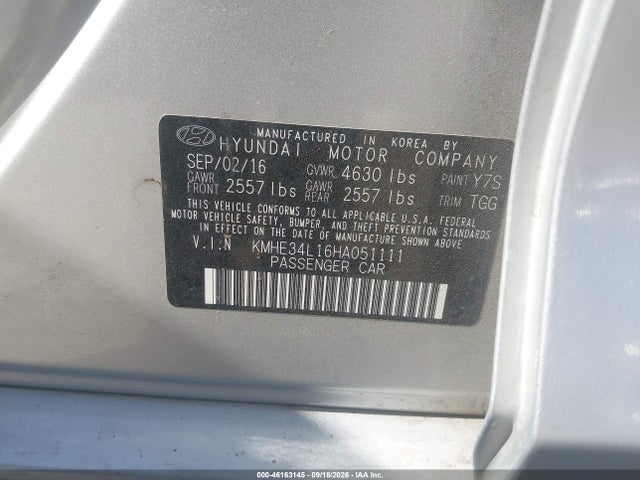Aukcja sprzedaży 2017 Hyundai Sonata Hybrid Limited, vin: KMHE34L16HA051111, numer aukcji: 46163145