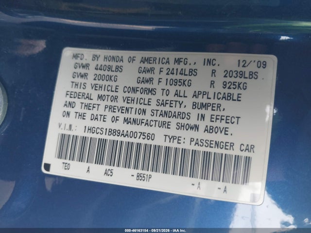46163154 :رقم المزاد ، 1HGCS1B89AA007560 vin ، 2010 Honda Accord Cpe مزاد بيع