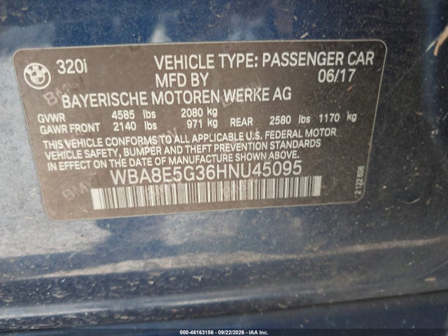 46163156 :رقم المزاد ، WBA8E5G36HNU45095 vin ، 2017 Bmw 320i Xdrive مزاد بيع
