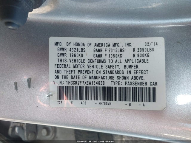 Продажа на аукционе авто 2014 Honda Accord Ex, vin: 1HGCR2F7XEA154639, номер лота: 46163159
