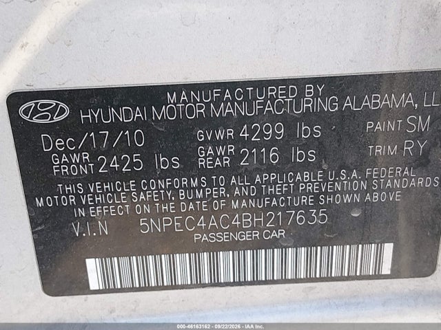 Продаж на аукціоні авто 2011 Hyundai Sonata Limited, vin: 5NPEC4AC4BH217635, номер лоту: 46163162