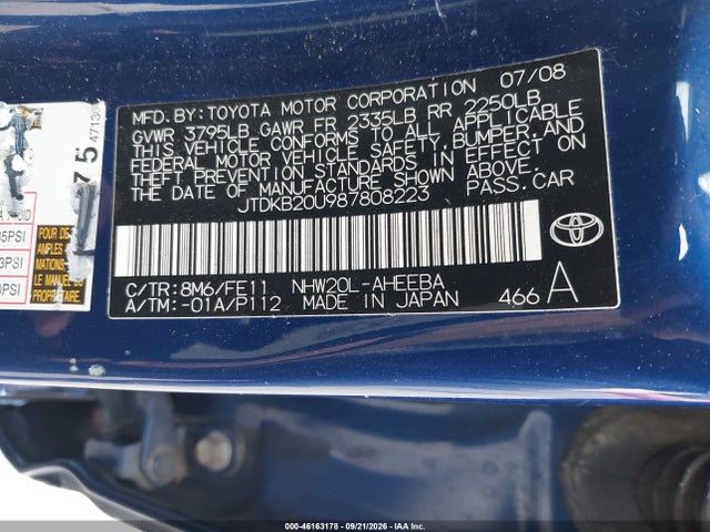 Auction sale of the 2008 Toyota Prius Base (cvt-e), vin: JTDKB20U987808223, lot number: 46163178