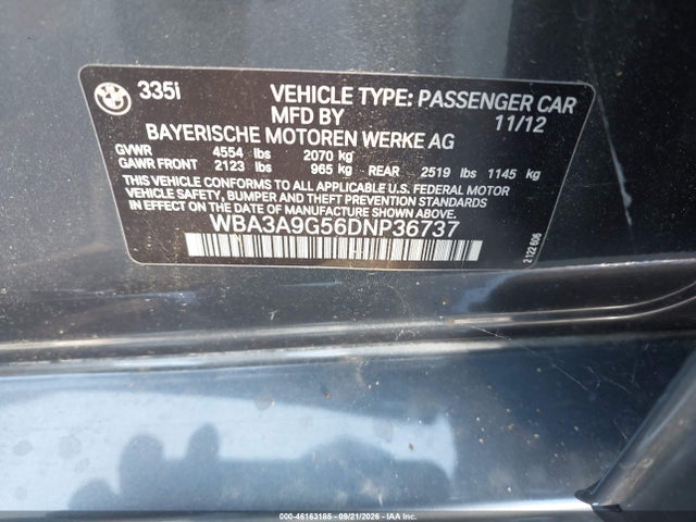 2013 Bmw 335i მანქანა იყიდება აუქციონზე, vin: WBA3A9G56DNP36737, აუქციონის ნომერი: 46163185