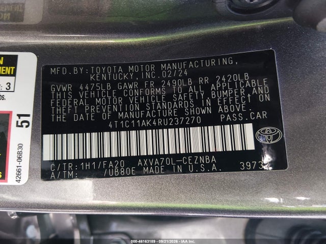 Продаж на аукціоні авто 2024 Toyota Camry Le, vin: 4T1C11AK4RU237270, номер лоту: 46163189