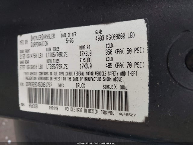 46163196 :رقم المزاد ، 3D7KR28C45G851767 vin ، 2005 Dodge Ram 2500 St/slt مزاد بيع